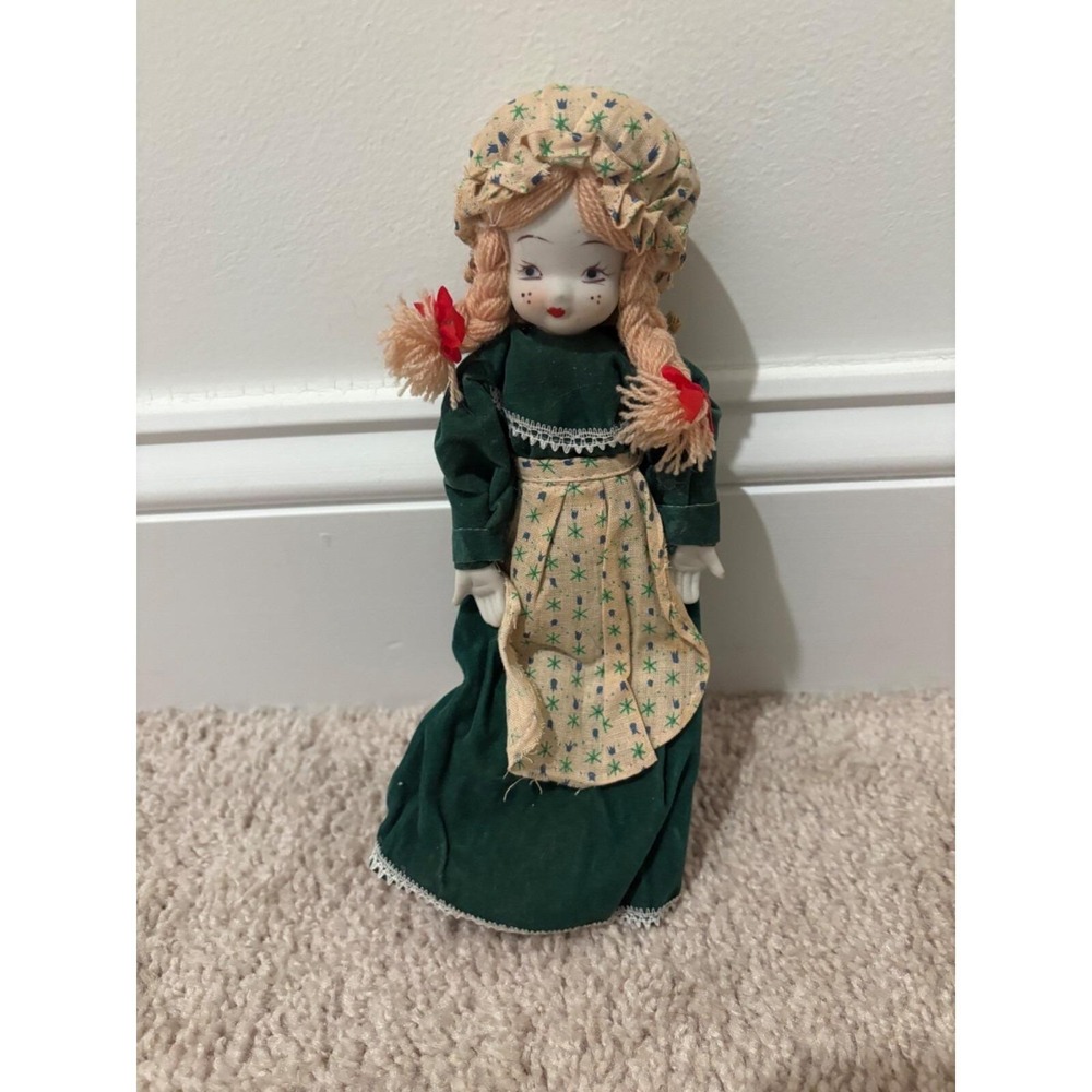 Vintage Porcelain Doll In‎ Green Dress & Apron With Braided Hair & Bonnet, Shoes